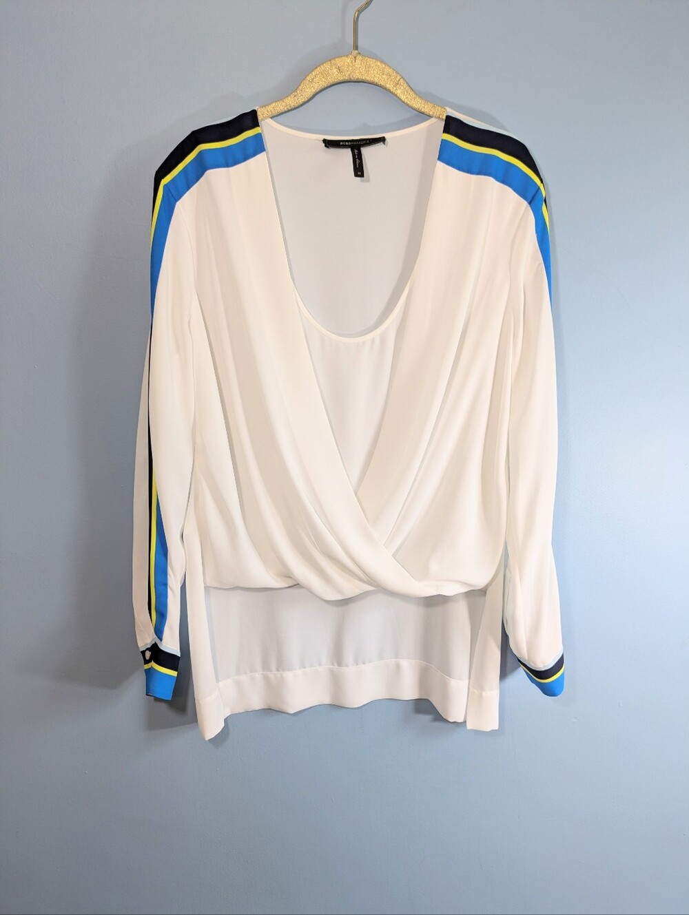 BCBGMaxAzira White Draped High/Low Top With Racing Stripes